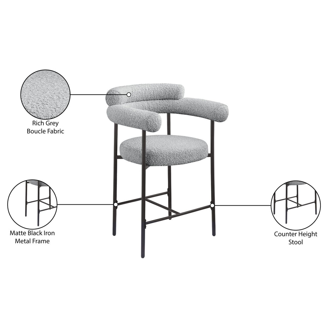 Blake Boucle Fabric Upholstered Counter Stool — Grey / Black