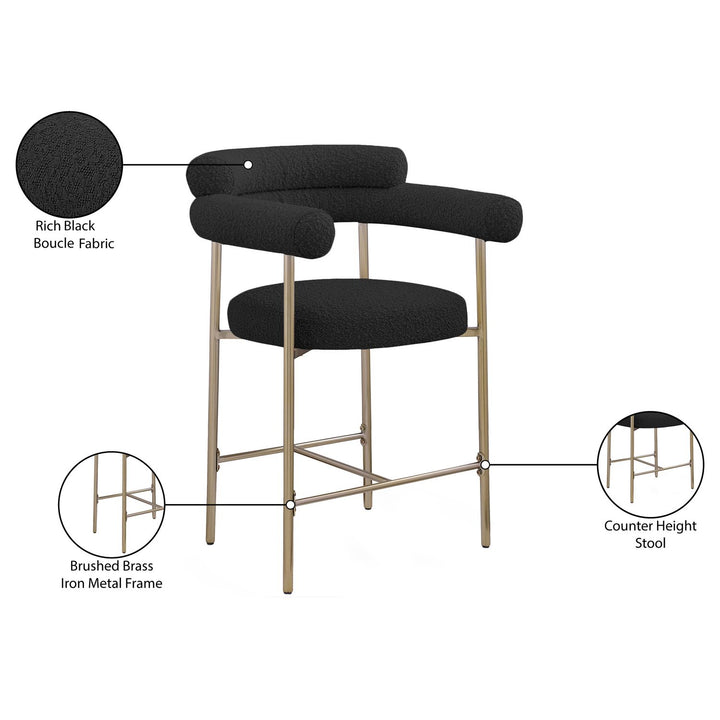 Blake Boucle Fabric Upholstered Counter Stool — Black / Brass