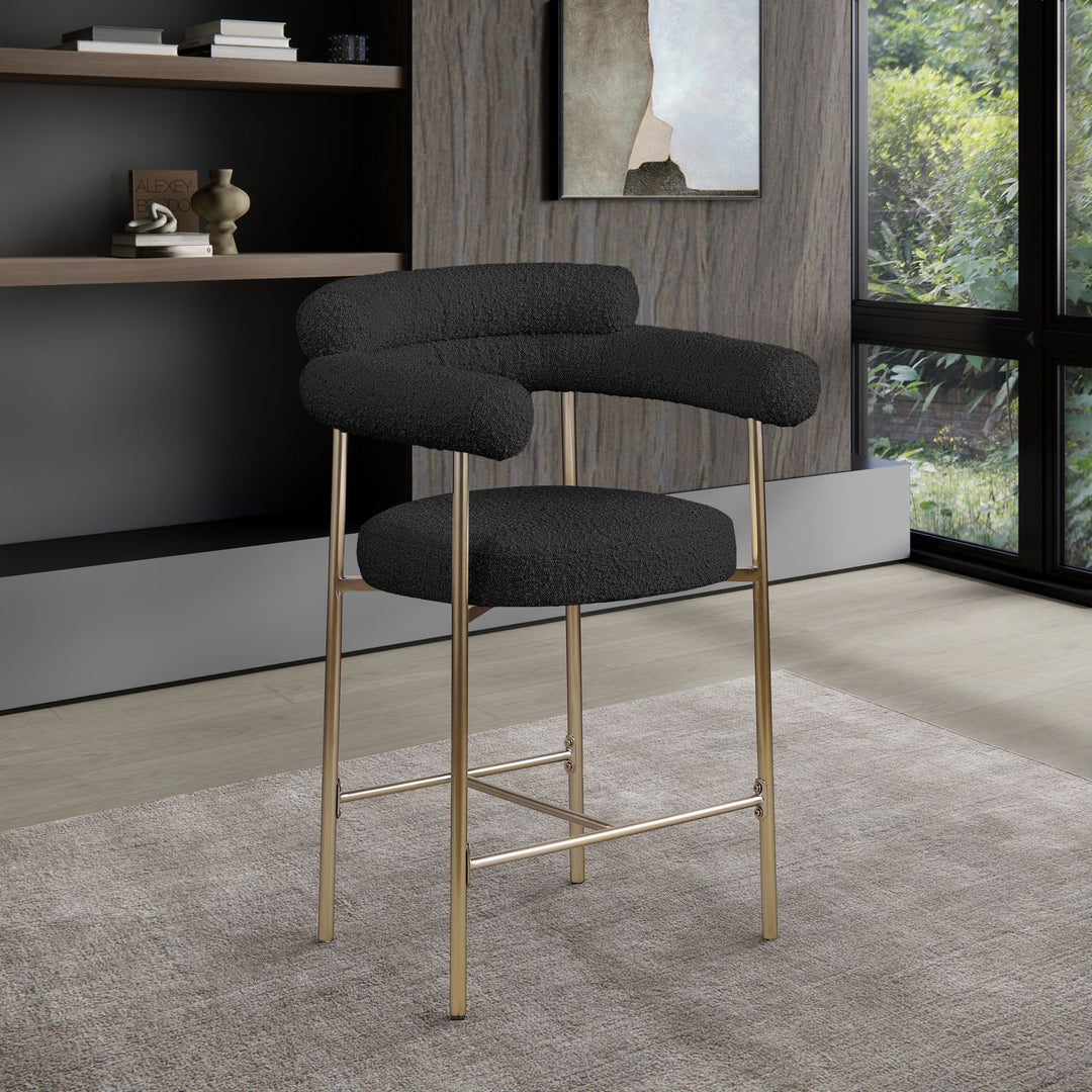Blake Boucle Fabric Upholstered Counter Stool — Black / Brass