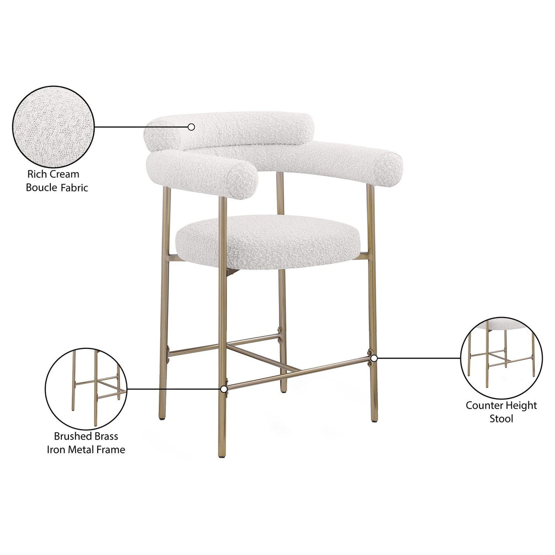 Blake Boucle Fabric Upholstered Counter Stool — Cream / Brass
