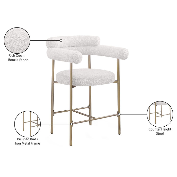 Blake Boucle Fabric Upholstered Counter Stool — Cream / Brass