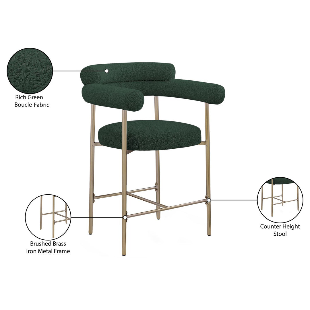 Blake Boucle Fabric Upholstered Counter Stool — Green / Brass