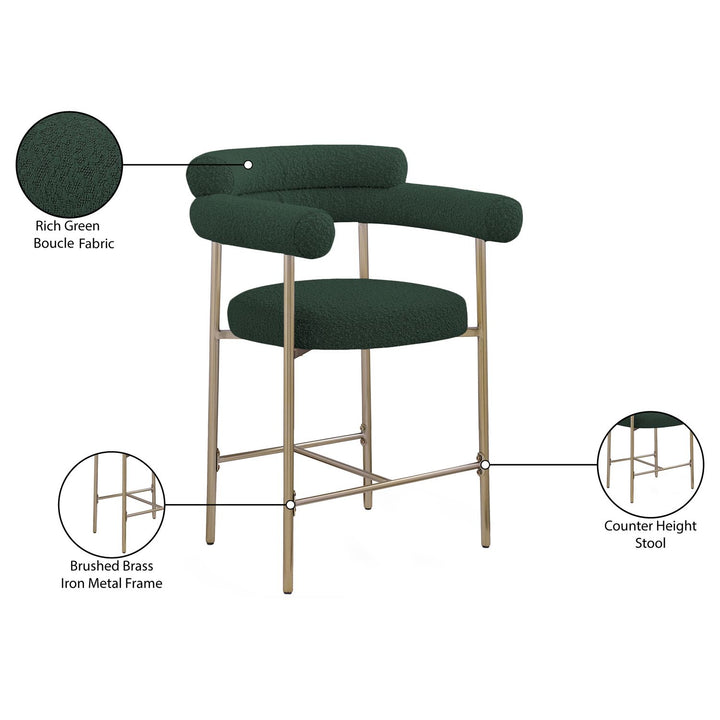 Blake Boucle Fabric Upholstered Counter Stool — Green / Brass