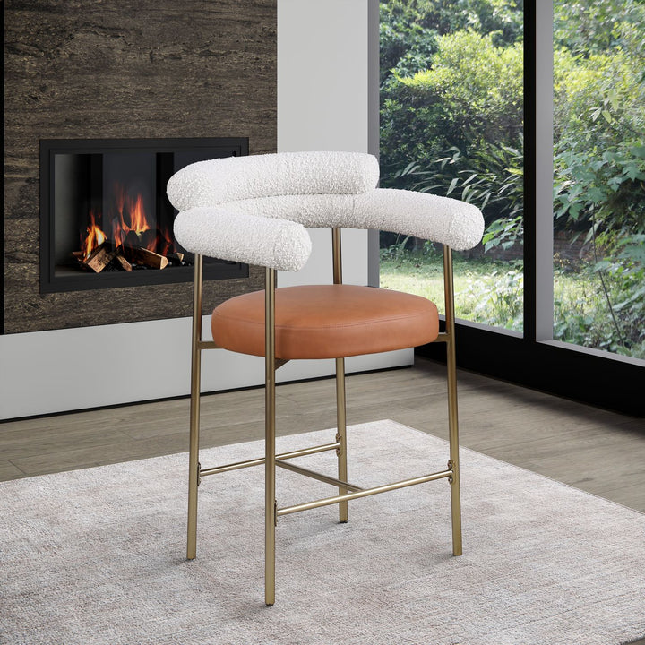 Blake Cognac Vegan Leather And Boucle Fabric Upholstered Counter Stool