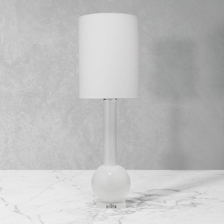 Studio Table Lamp in White Glass with Tall Thin Drum Shade in White Linen-Jamie Young-STOCKR-JAMIEYO-9STUDWHD131T-Table Lamps-1-France and Son