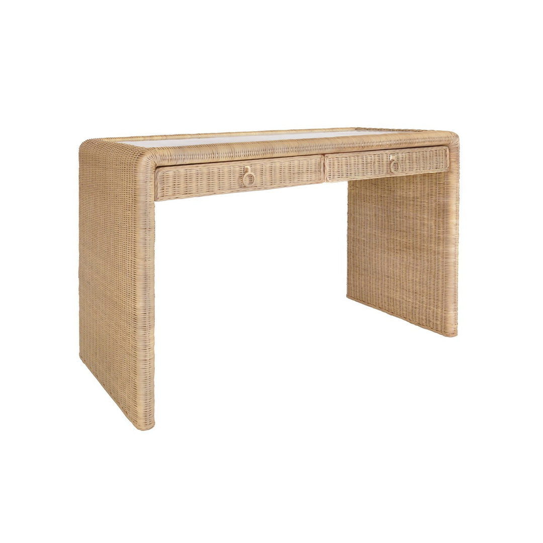 Adrien - Two Drawer Waterfall Edge Desk In Woven Rattan With Glass Top