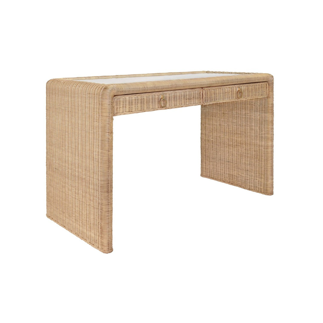 Adrien - Two Drawer Waterfall Edge Desk In Woven Rattan With Glass Top