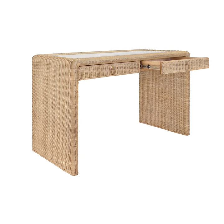 Adrien - Two Drawer Waterfall Edge Desk In Woven Rattan With Glass Top