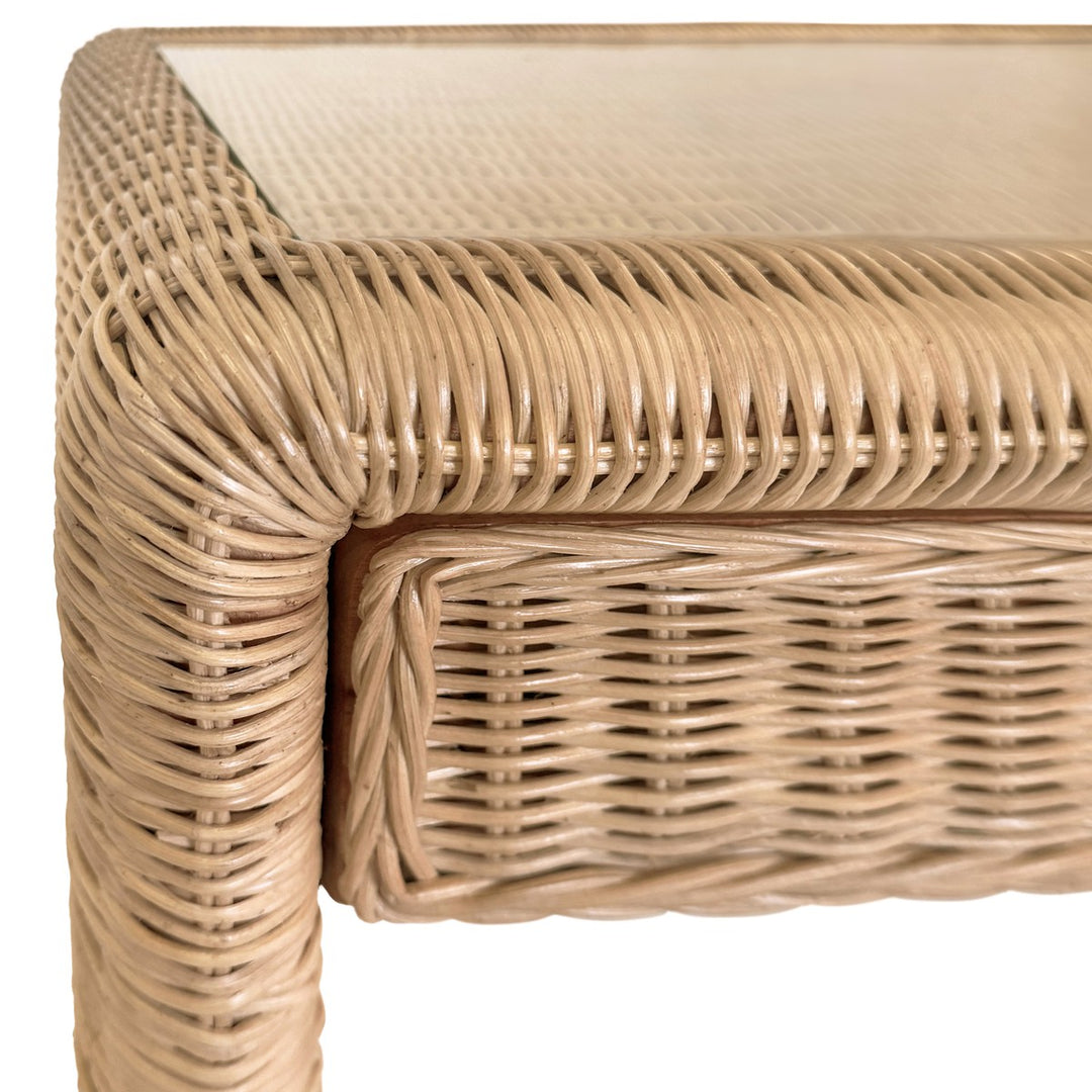 Adrien - Two Drawer Waterfall Edge Desk In Woven Rattan With Glass Top