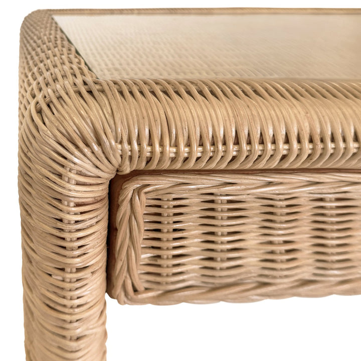 Adrien - Two Drawer Waterfall Edge Desk In Woven Rattan With Glass Top