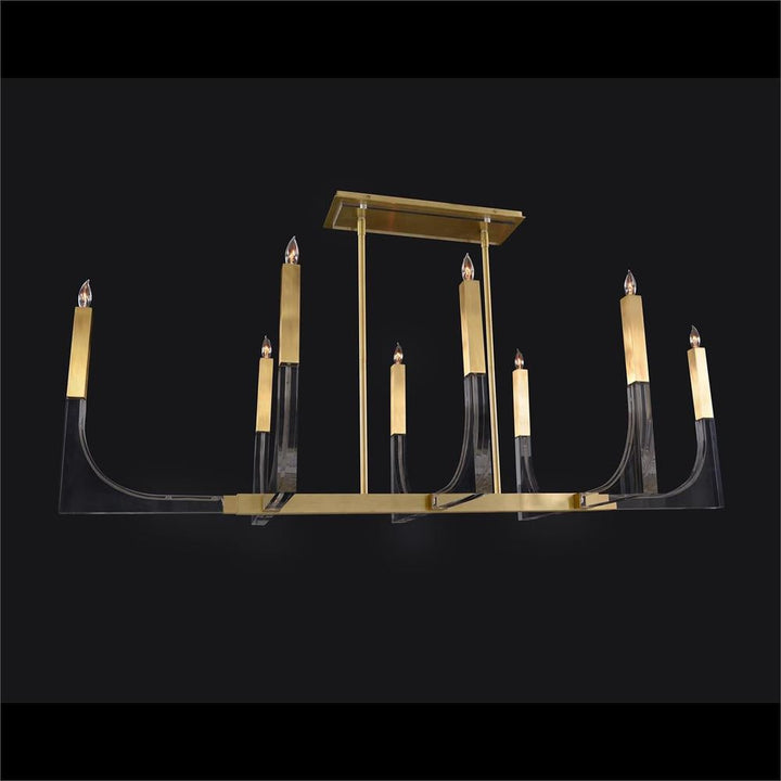 Elysium Acrylic Eight-Light Chandelier With Antique Brass, shown in antique brass gold and clear with brass and acrylic.