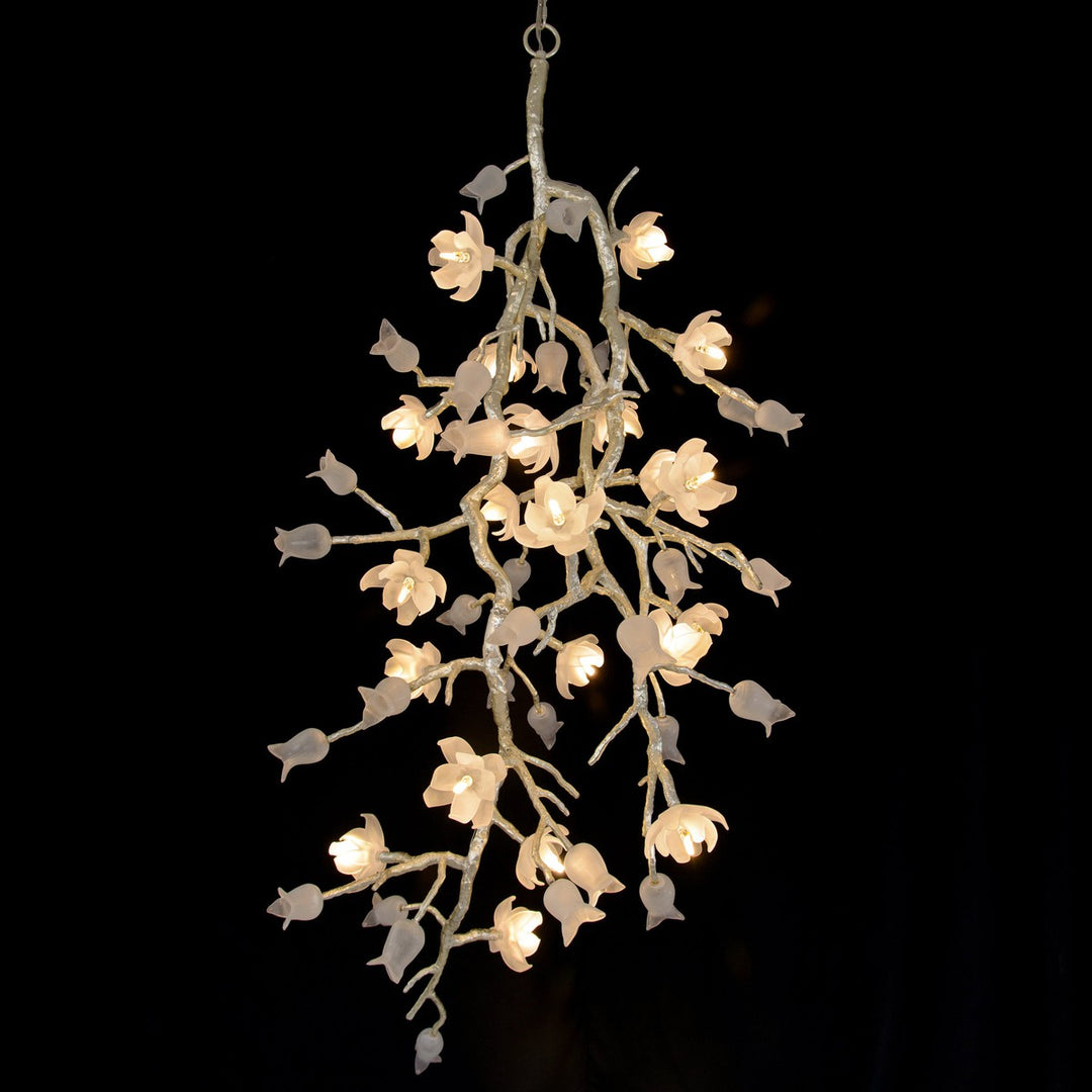 Flora Magnolia & Tulip Glass Silver Leaf Vertical Twenty-One Light Chandelier - Silver - Iron