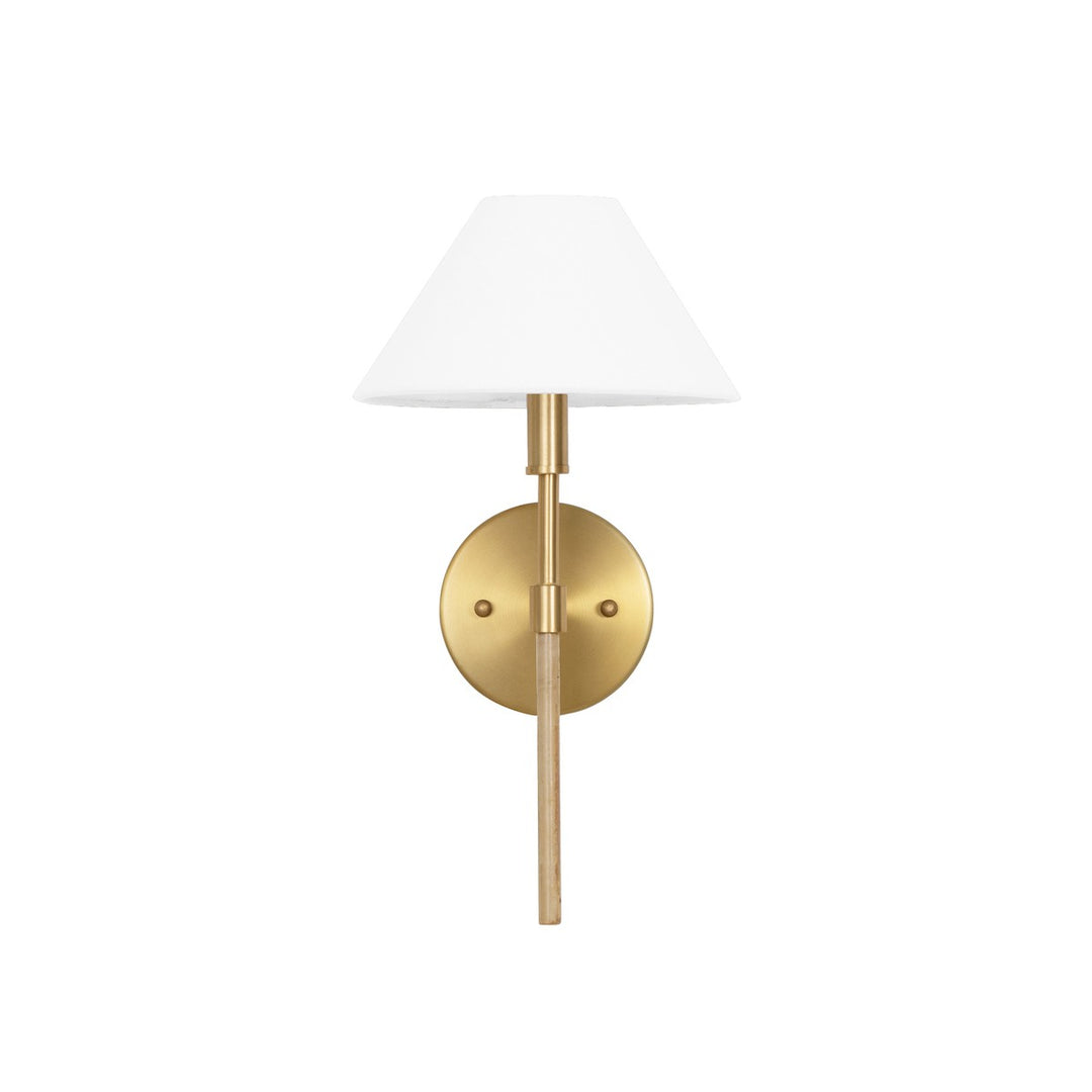 Alfie - One Light Sconce With White Linen Coolie Shade In Brushed Brass And Burl Wood