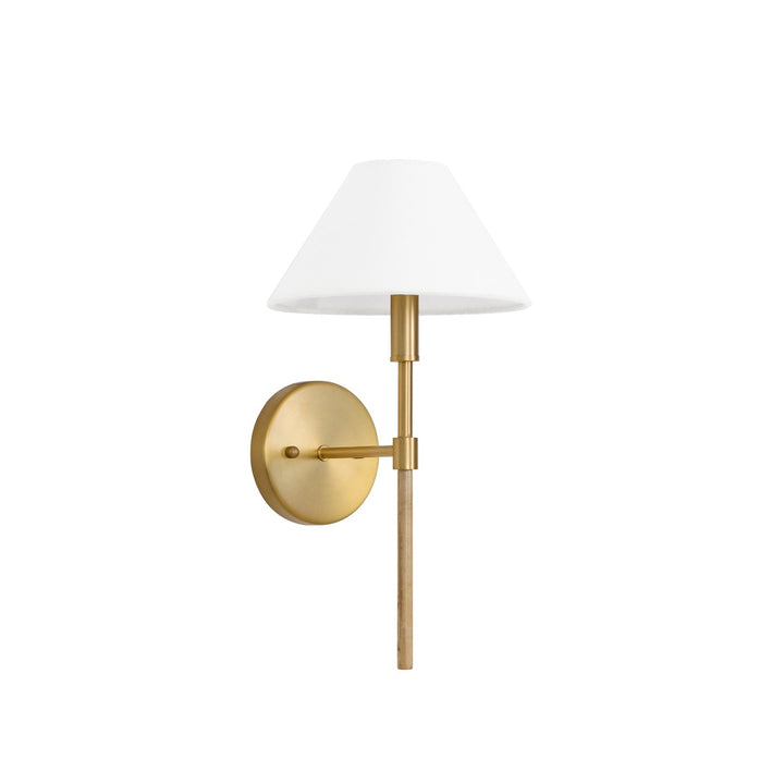 Alfie - One Light Sconce With White Linen Coolie Shade In Brushed Brass And Burl Wood