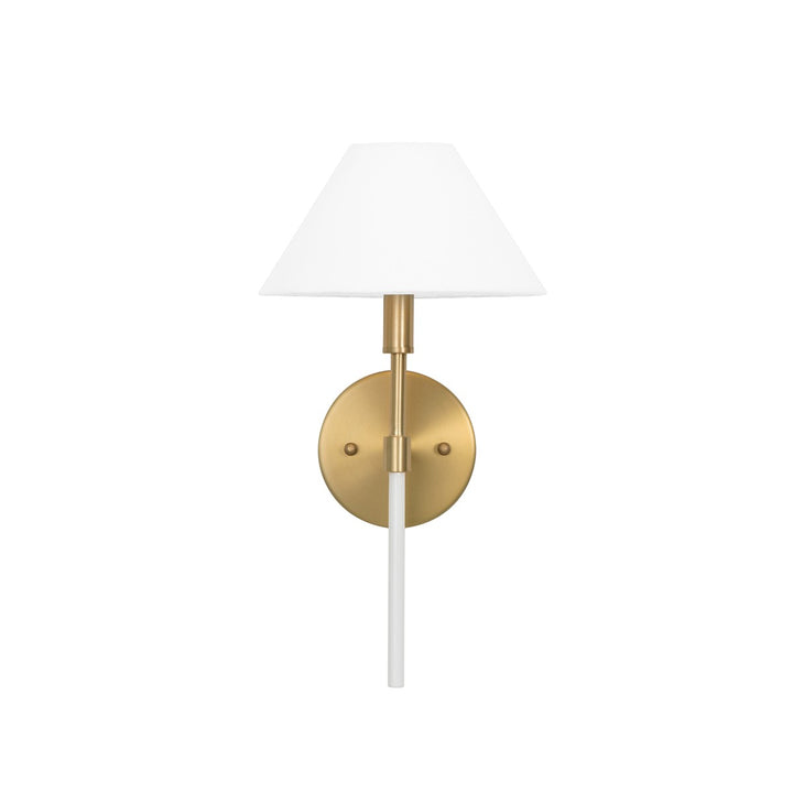 Alfie - One Light Sconce With White Linen Coolie Shade In Brushed Brass And White Lacquer