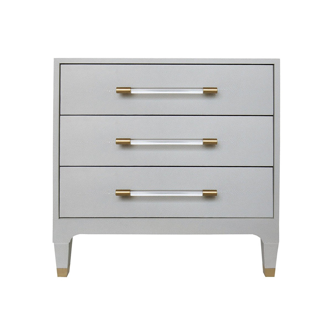 Amber - Three Drawer Side Table In Light Grey Shagreen With Antique Brass And Acrylic Hardware