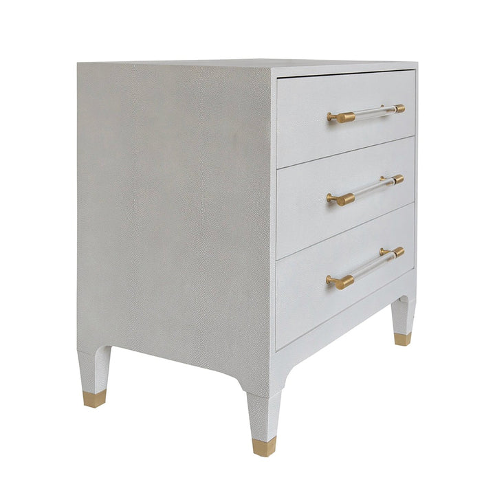 Amber - Three Drawer Side Table In Light Grey Shagreen With Antique Brass And Acrylic Hardware