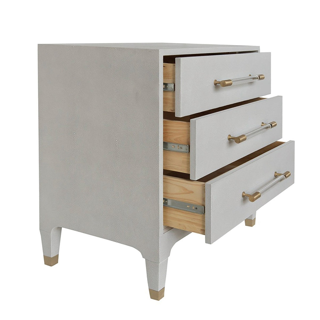 Amber - Three Drawer Side Table In Light Grey Shagreen With Antique Brass And Acrylic Hardware