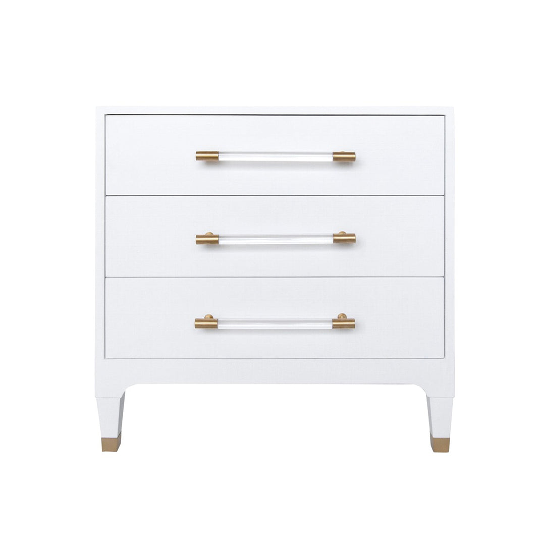 Amber - Three Drawer Side Table In Textured White Linen With Antique Brass And Acrylic Hardware