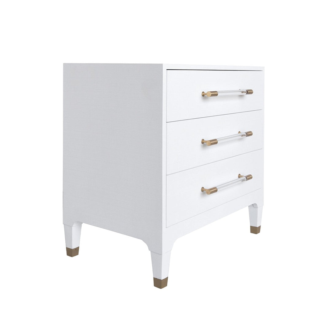 Amber - Three Drawer Side Table In Textured White Linen With Antique Brass And Acrylic Hardware