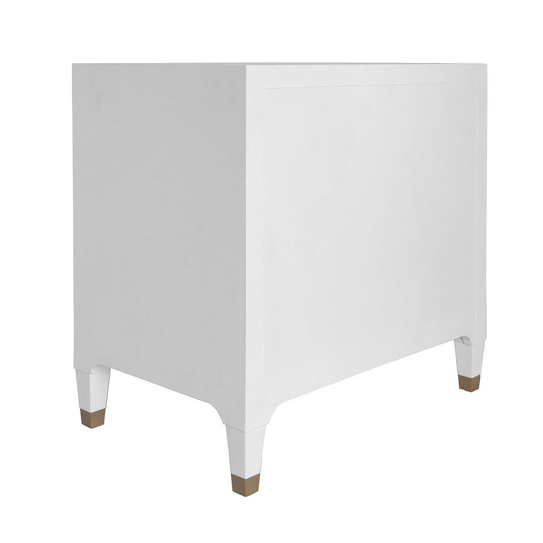 Amber - Three Drawer Side Table In Textured White Linen With Antique Brass And Acrylic Hardware