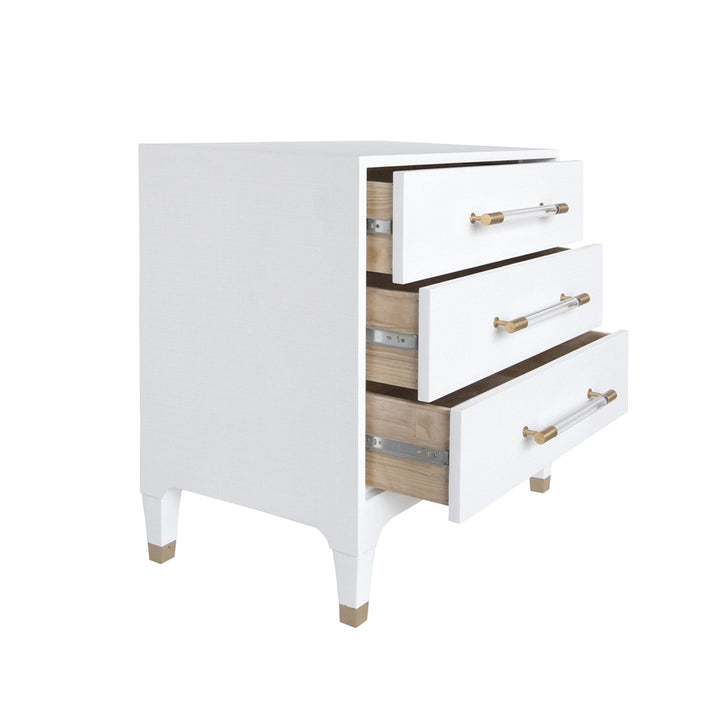 Amber - Three Drawer Side Table In Textured White Linen With Antique Brass And Acrylic Hardware