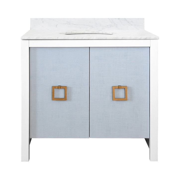 April - Bath Vanity With Textured Light Blue Linen Doors, Matte White Lacquer Surround, Ant Brass Hardware, White Marble Top, And Porcelain Sink