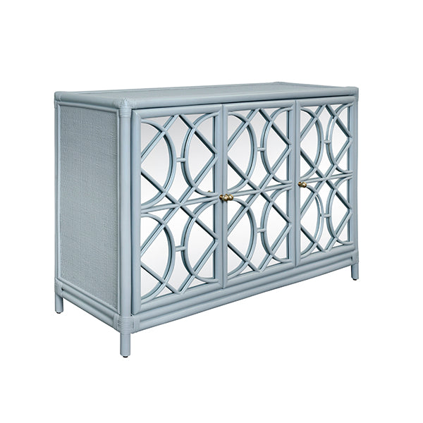 Sideboards & Credenzas Aria Three Door Decorative Mirror Front Buffet In Rattan Painted Light Blue