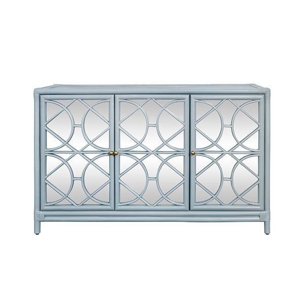 Sideboards & Credenzas Aria Three Door Decorative Mirror Front Buffet In Rattan Painted Light Blue