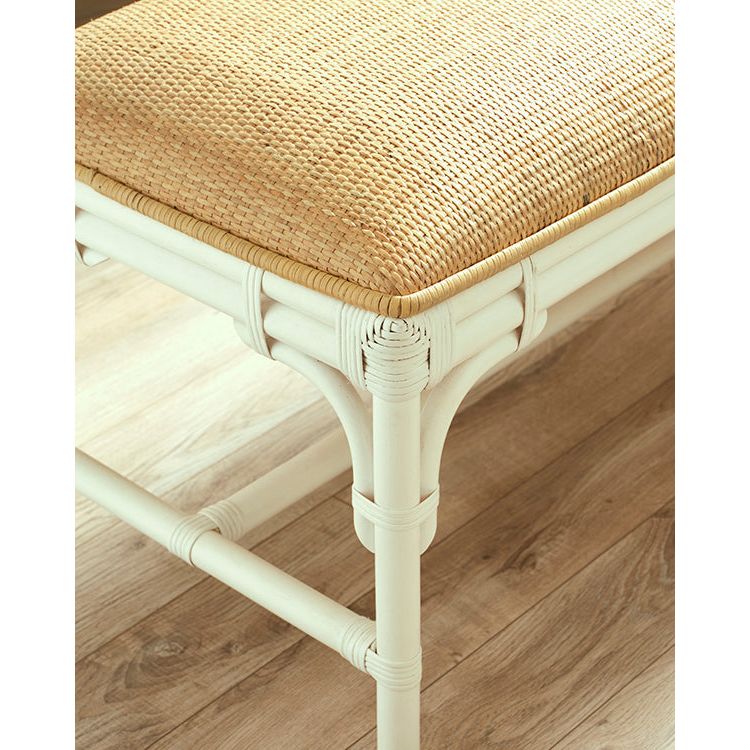 Bench With Natural Rattan Cushion Top And Rattan Base In Painted White