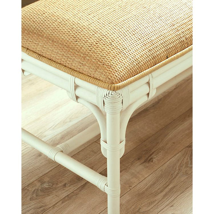 Bench With Natural Rattan Cushion Top And Rattan Base In Painted White