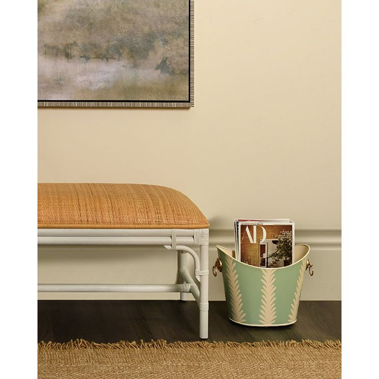 Bench With Natural Rattan Cushion Top And Rattan Base In Painted White