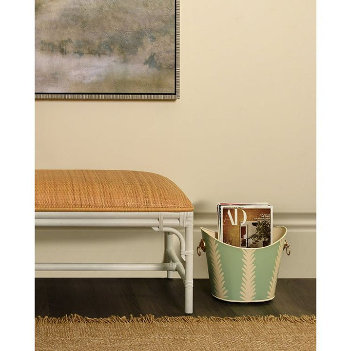 Bench With Natural Rattan Cushion Top And Rattan Base In Painted White