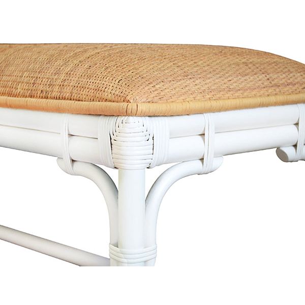 Bench With Natural Rattan Cushion Top And Rattan Base In Painted White