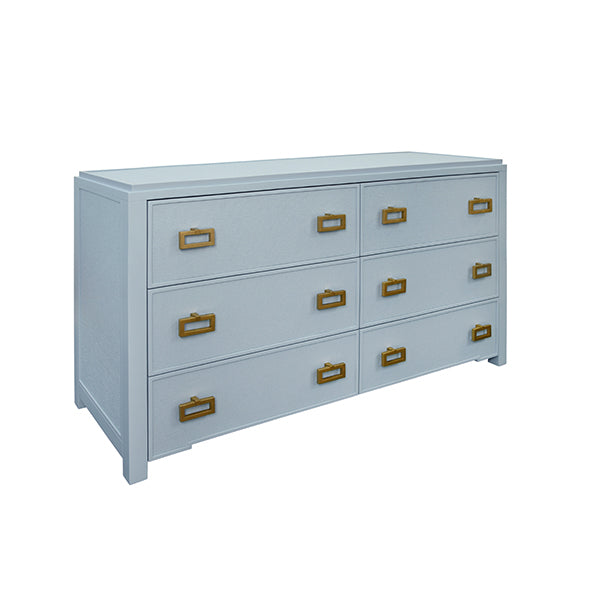 Cabinets & Curios Atticus Six Drawer Chest With Matte Light Blue Frame And Light Blue Grasscloth Drawer Fronts