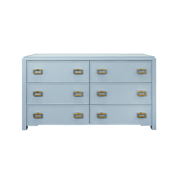 Cabinets & Curios Atticus Six Drawer Chest With Matte Light Blue Frame And Light Blue Grasscloth Drawer Fronts