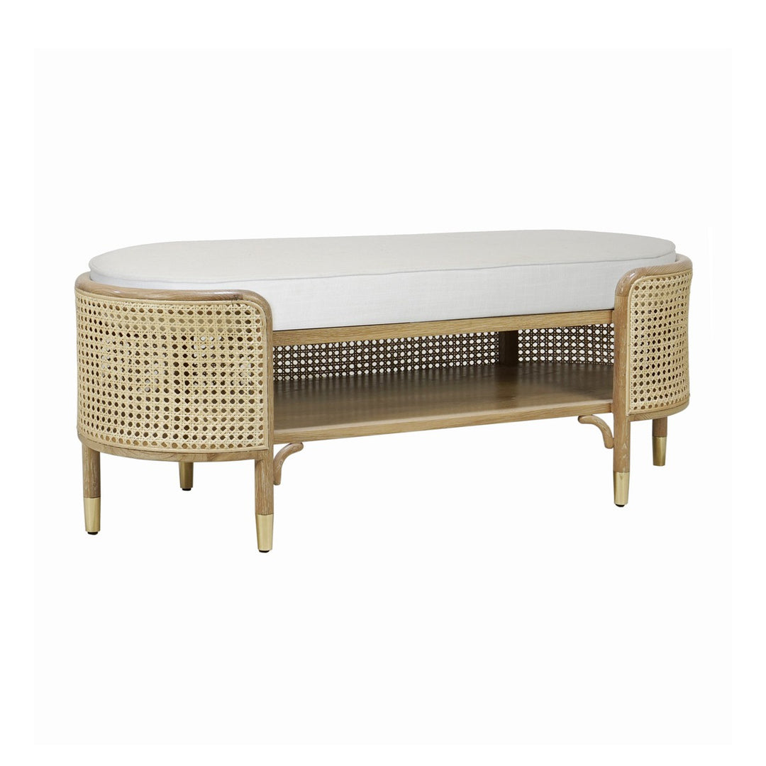 Beale - Oval Bench In Cerused Oak And Natural Cane With White Linen Cushion