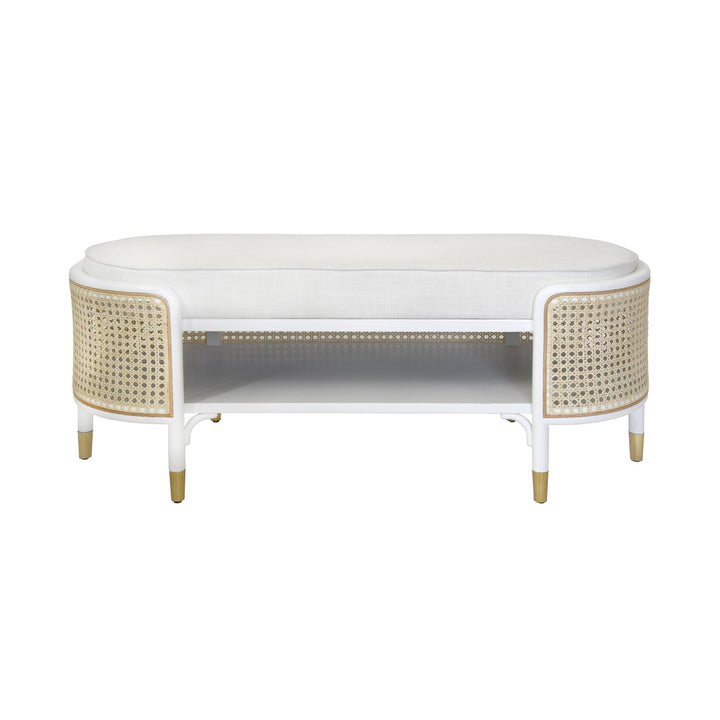 Beale - Oval Bench In Matte White And Natural Cane With White Linen Cushion