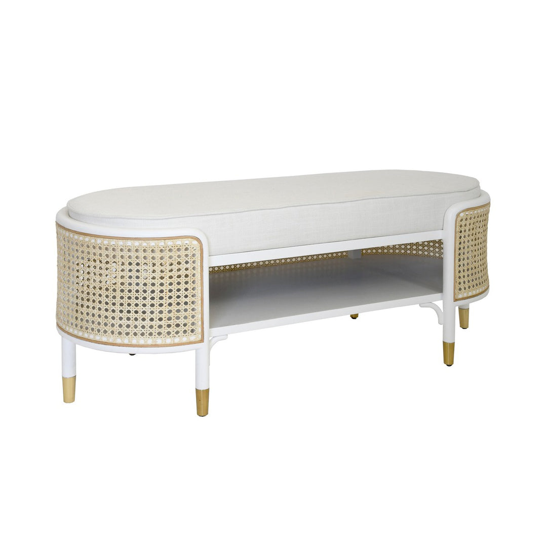 Beale - Oval Bench In Matte White And Natural Cane With White Linen Cushion