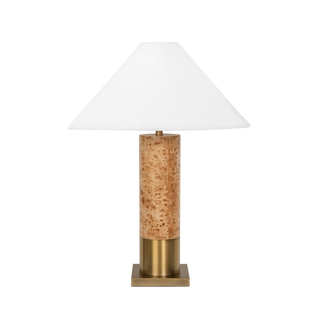 Bishop - Brushed Brass Base Table Lamp With White Linen Coolie Shade In Burl Wood