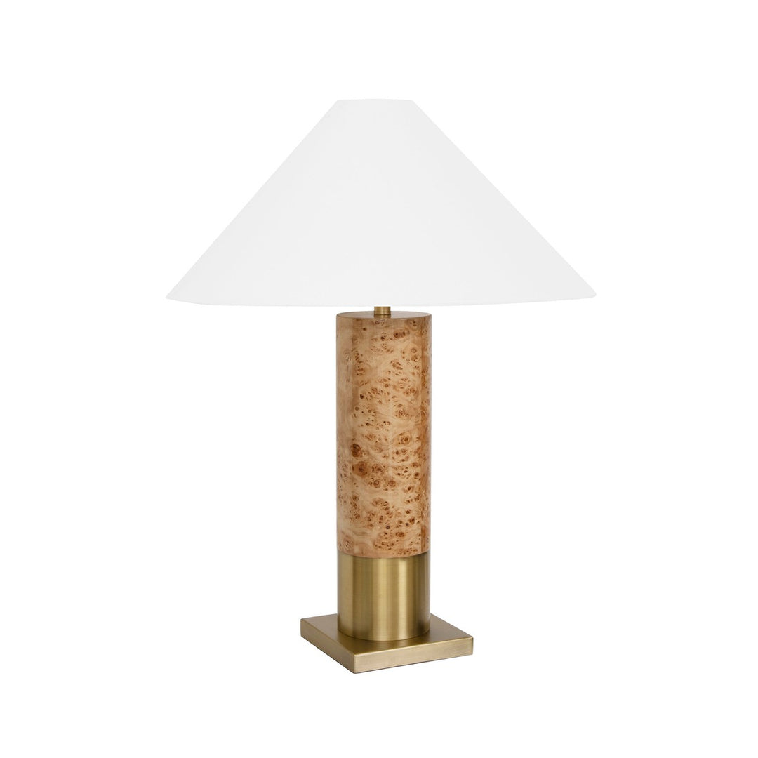 Bishop - Brushed Brass Base Table Lamp With White Linen Coolie Shade In Burl Wood