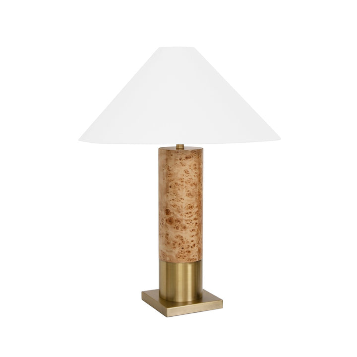 Bishop - Brushed Brass Base Table Lamp With White Linen Coolie Shade In Burl Wood