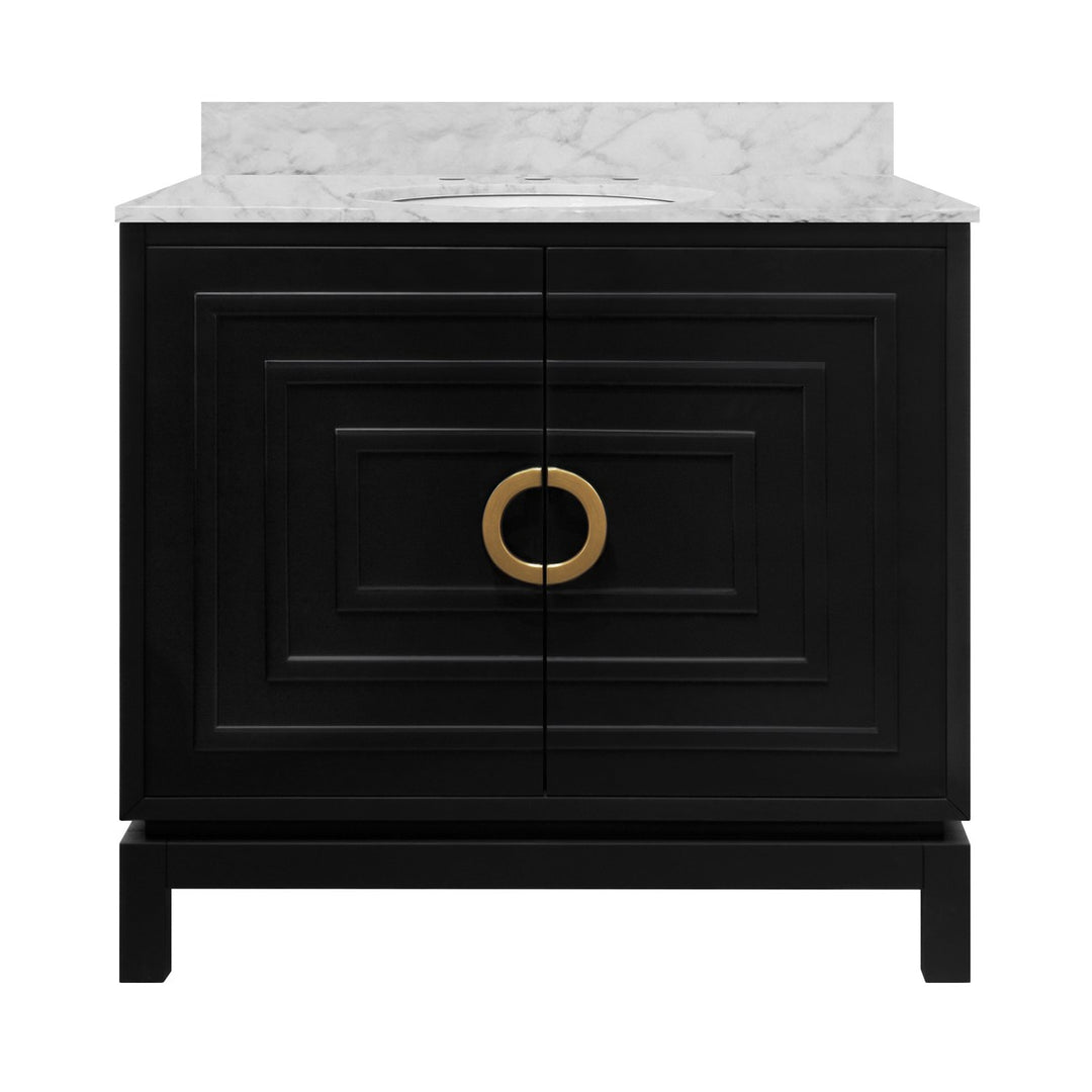 Bixby - Bath Vanity In Matte Black Lacquer With Antique Brass Circle Hardware, White Marble Top, And Porcelain Sink