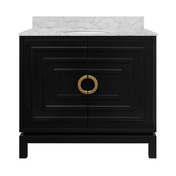 Bixby - Bath Vanity In Matte Black Lacquer With Antique Brass Circle Hardware, White Marble Top, And Porcelain Sink