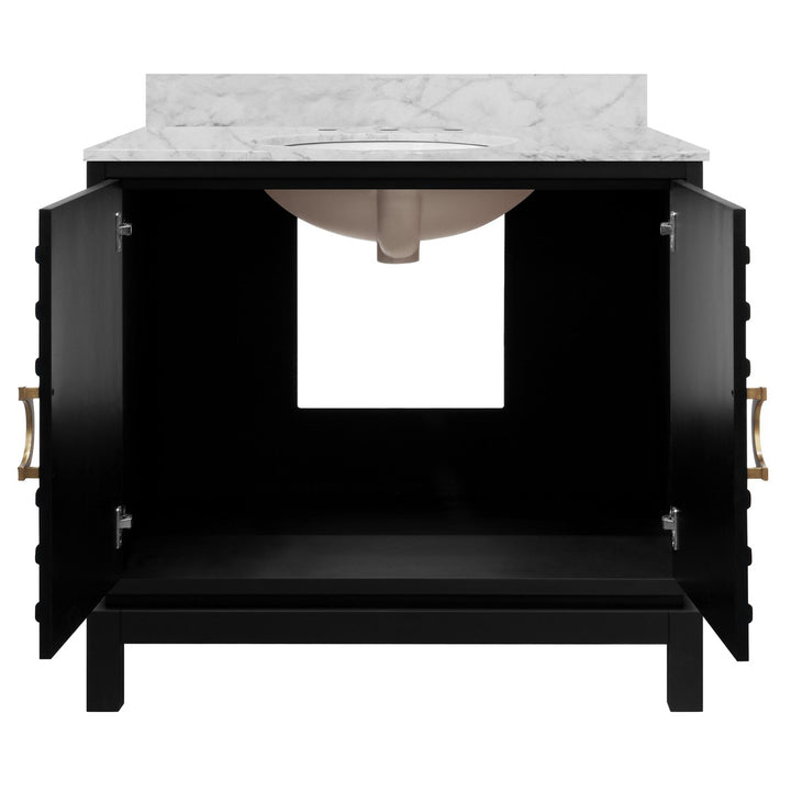 Bixby - Bath Vanity In Matte Black Lacquer With Antique Brass Circle Hardware, White Marble Top, And Porcelain Sink