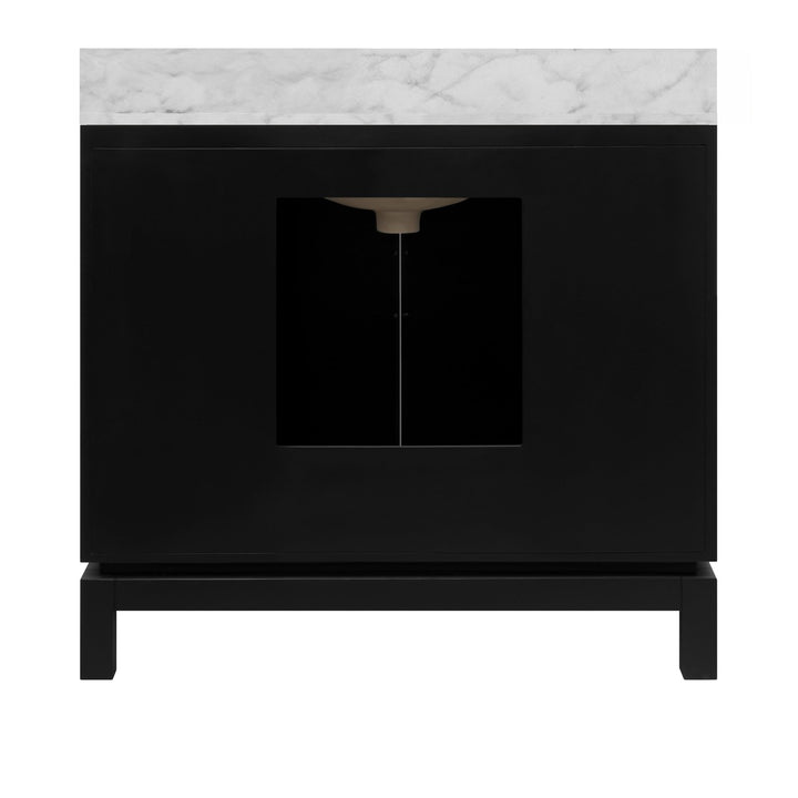 Bixby - Bath Vanity In Matte Black Lacquer With Antique Brass Circle Hardware, White Marble Top, And Porcelain Sink