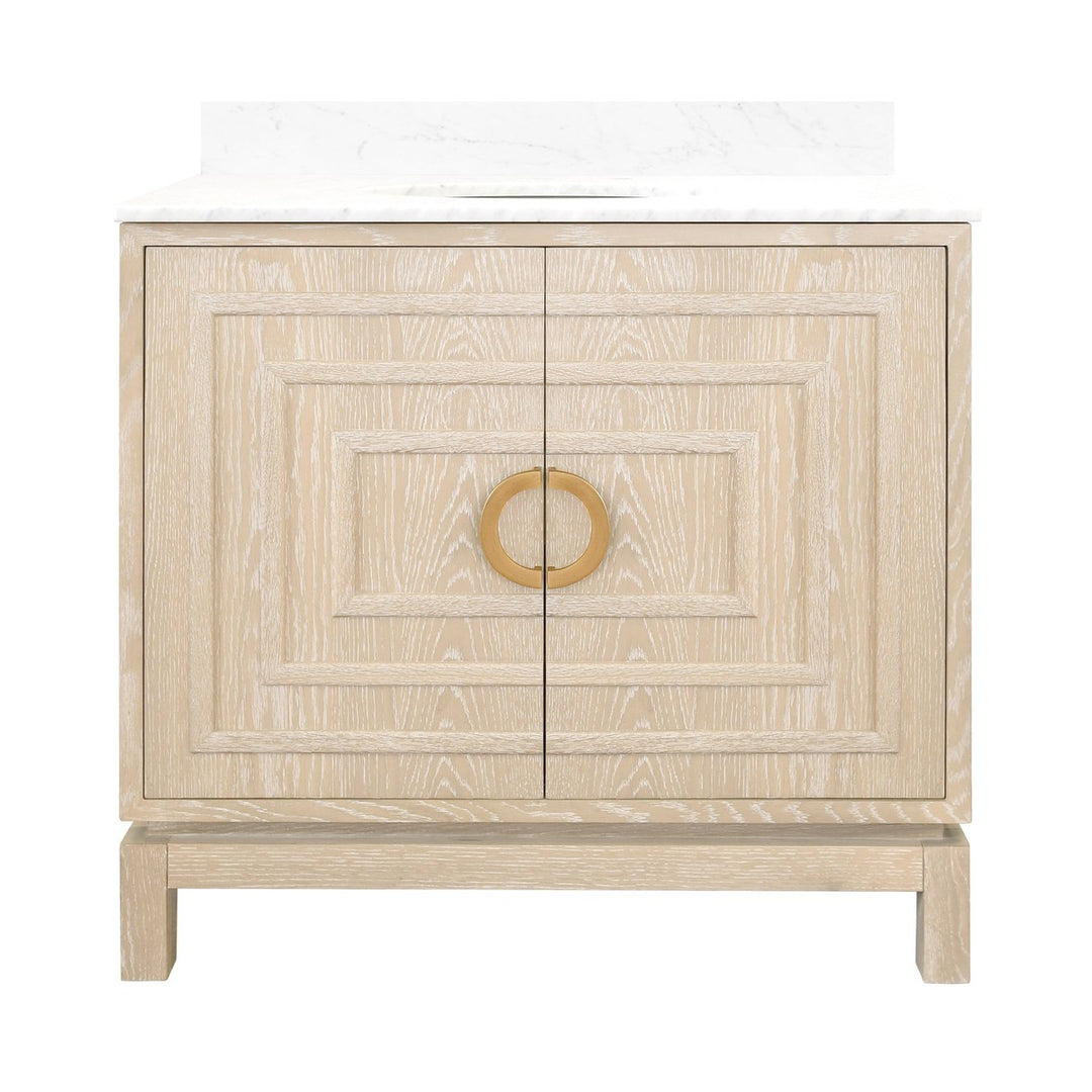 Bixby - Bath Vanity In Cerused Oak With Antique Brass Circle Hardware, White Marble Top, And Porcelain Sink