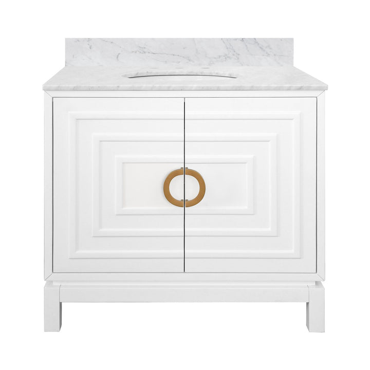 Bixby - Bath Vanity In Matte White Lacquer With Antique Brass Circle Hardware, White Marble Top, And Porcelain Sink