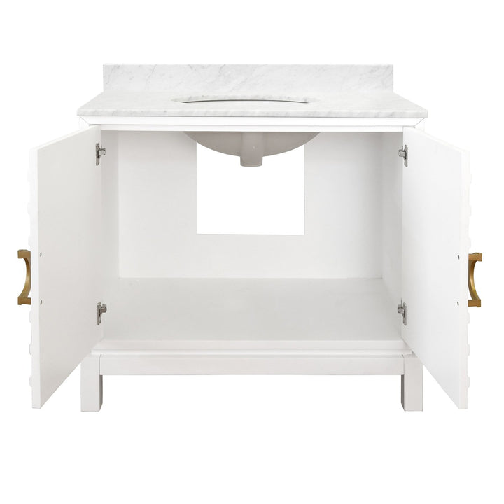 Bixby - Bath Vanity In Matte White Lacquer With Antique Brass Circle Hardware, White Marble Top, And Porcelain Sink