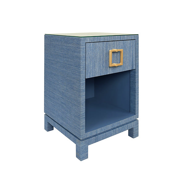 Side Tables One Drawer Side Table With Large Brass Square Hardware In Blue Dyed Grasscloth With Glass Top